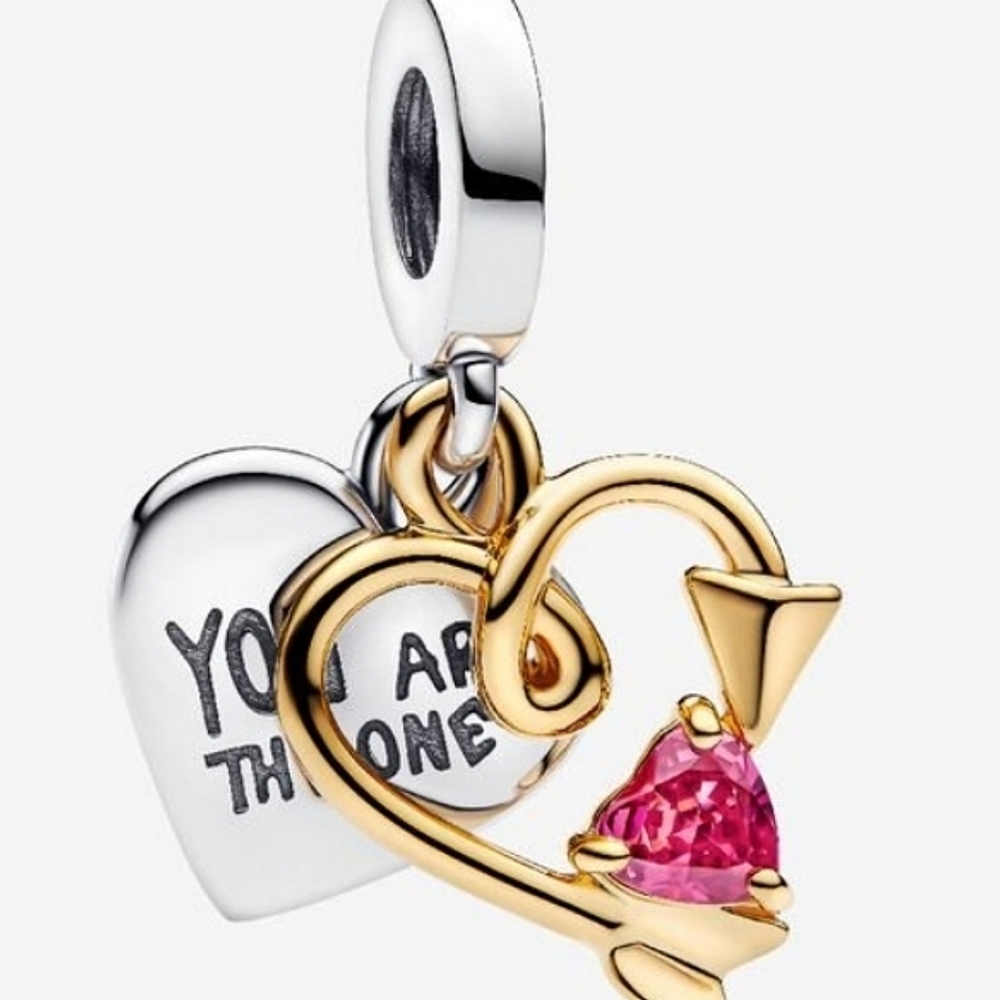 Authentic NEW Pandora Engravable Heart & Arrow Double Dangle Charm S925Ale 14KGP